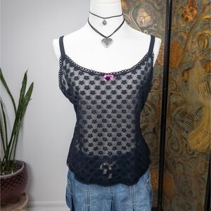 Black Mesh Floral Cami - Sheer Bow Trim Y2K Lingerie Victoria's Secret Pink XL